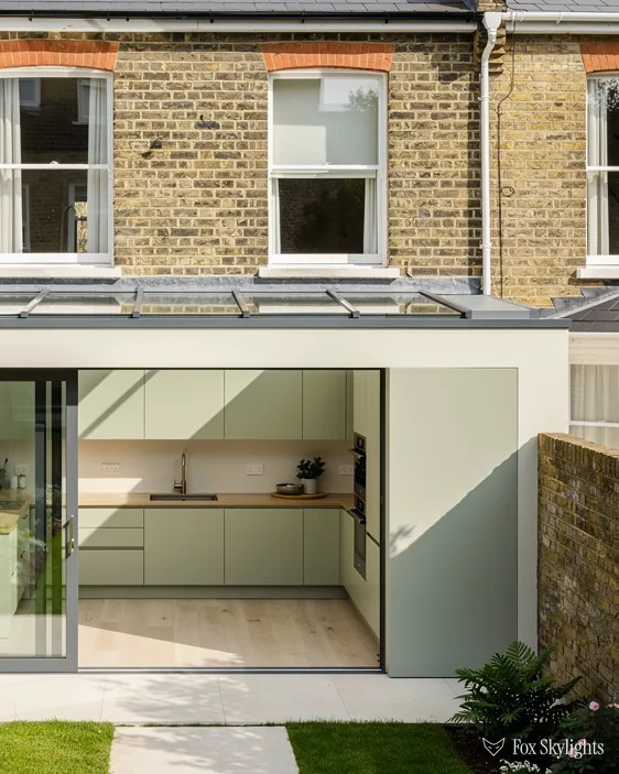 Yellow brick terrace with a glass roofed kitchen extension opening onto the garden
