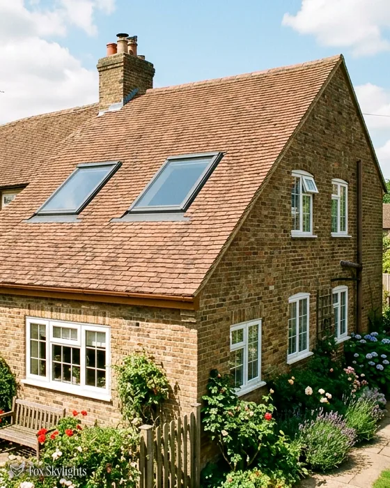 Buff stone house with two roof windows in its clay tile roof and cottage garden