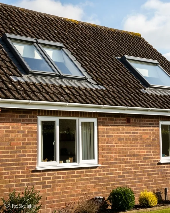 Red brick house with three roof windows in its brown tile roof