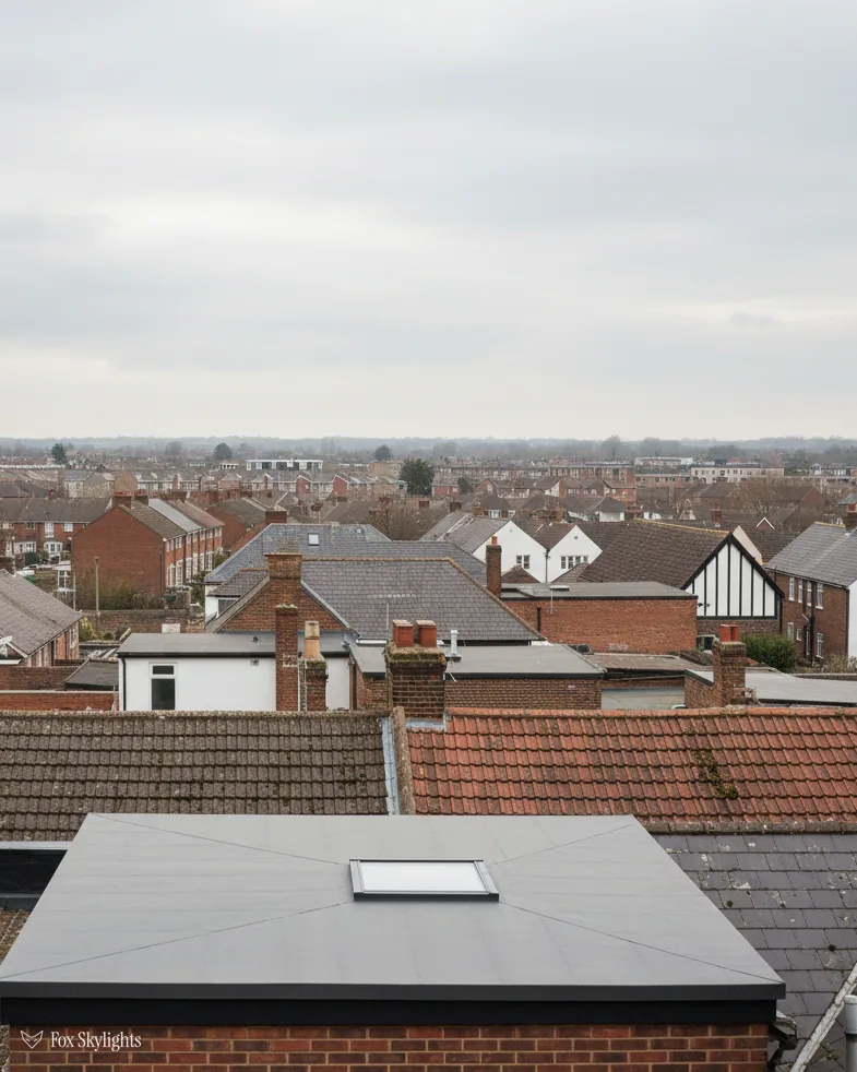 Small flat rooflight on a grey roof above a spread of town rooftops