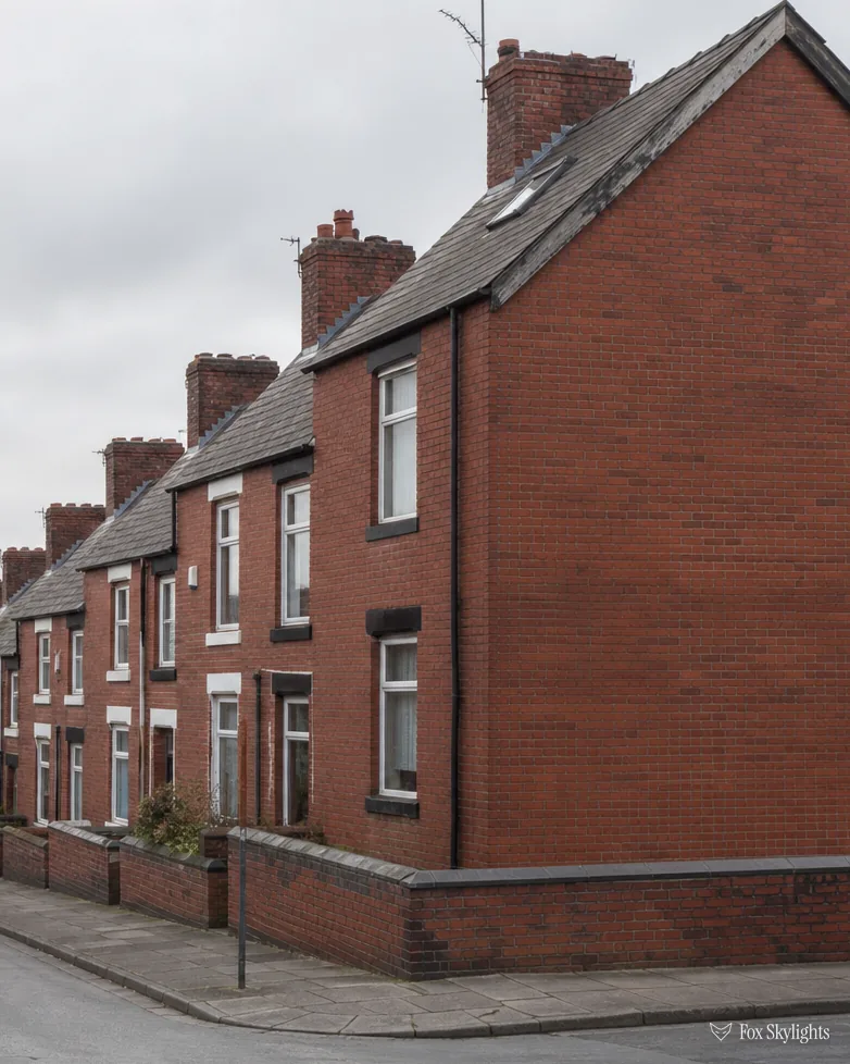 Long row of red brick terraced houses with slate roofs and chimneys