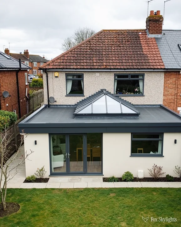 Rendered semi with a clay tile roof and a pyramid lantern on its rear extension