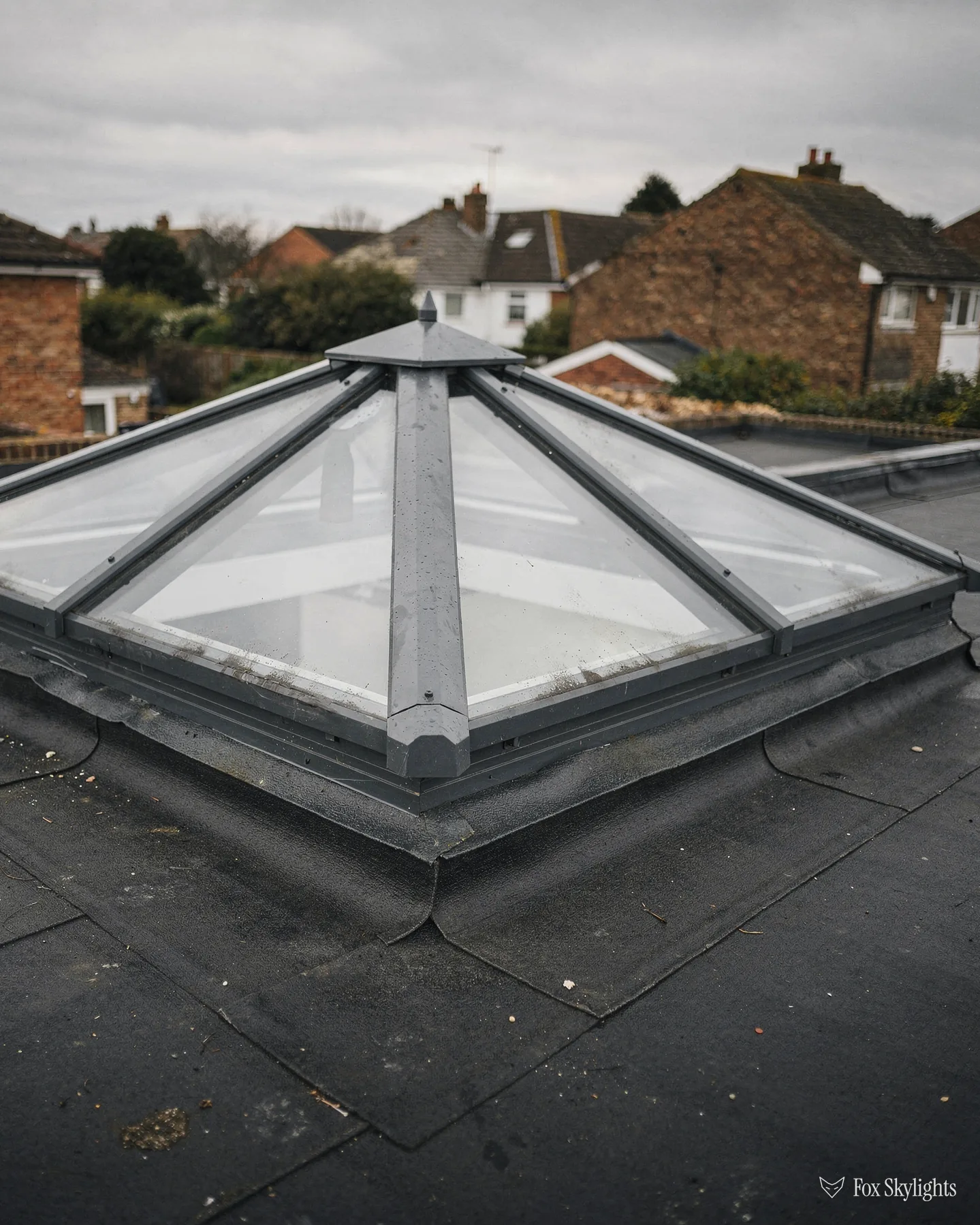 Pyramid roof lantern on a black flat roof with brick semis beyond