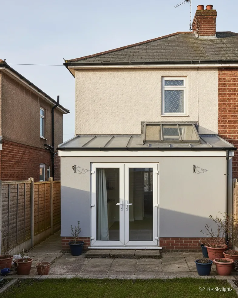Rendered semi with a small lantern on its rear extension and French doors