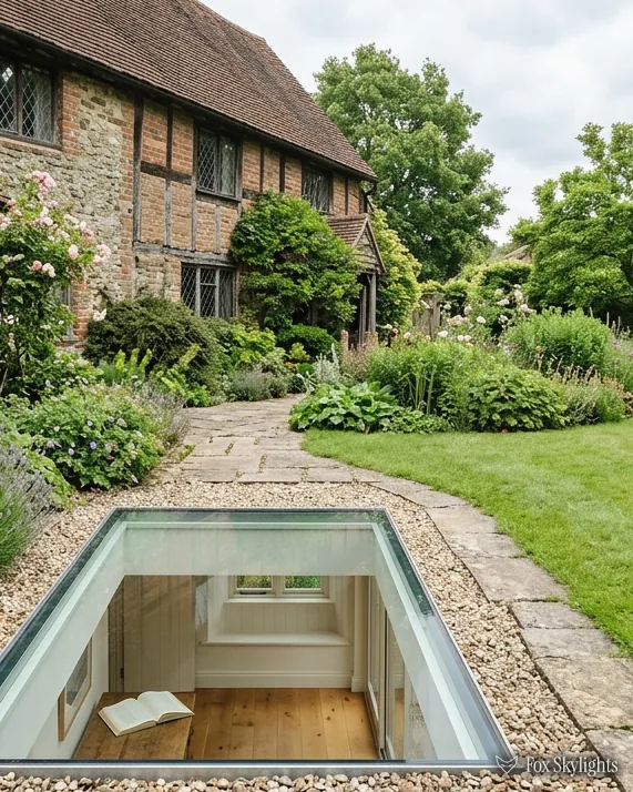 Walk on glass rooflight in a garden path beside a timber framed cottage