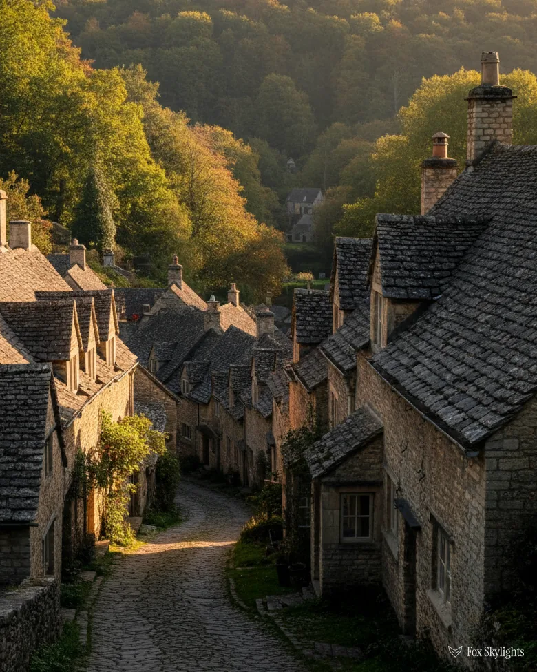 Stone cottages with slate roofs along a winding lane among trees