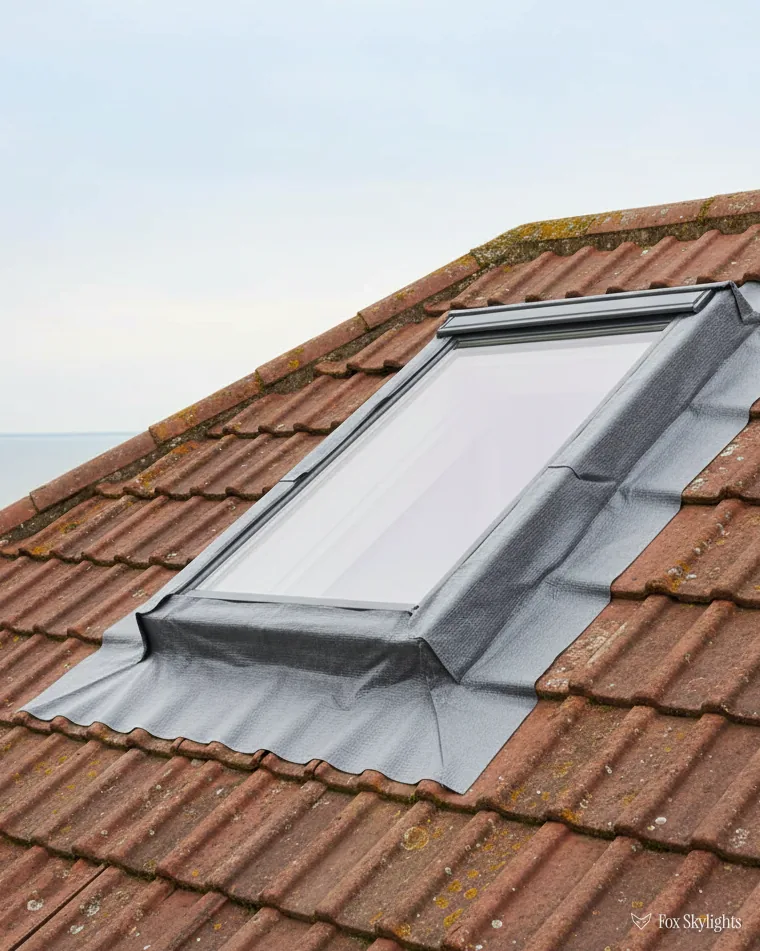 Roof window with metal flashing in an orange clay tile roof