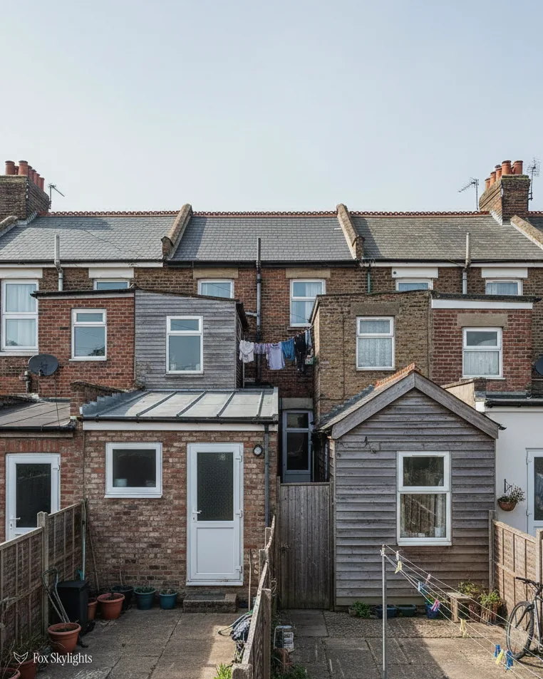 Rear of red brick terraced houses with slate roofs and small back yards