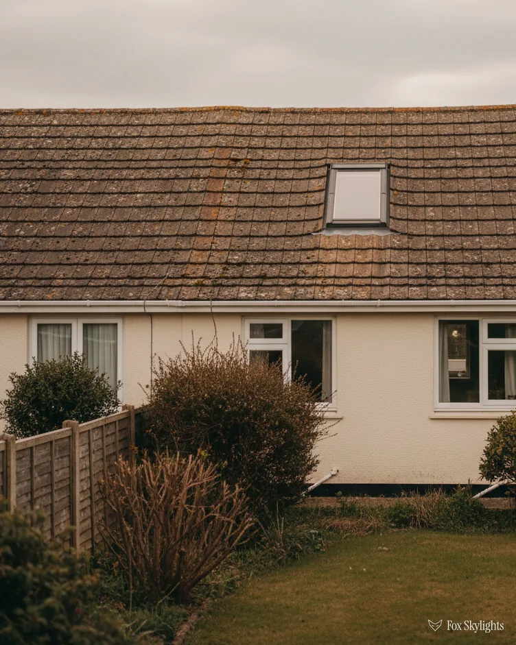 Cream rendered bungalow with a small roof window in its brown tile roof