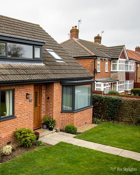 Red brick house with a roof window in its tiled roof and a front lawn