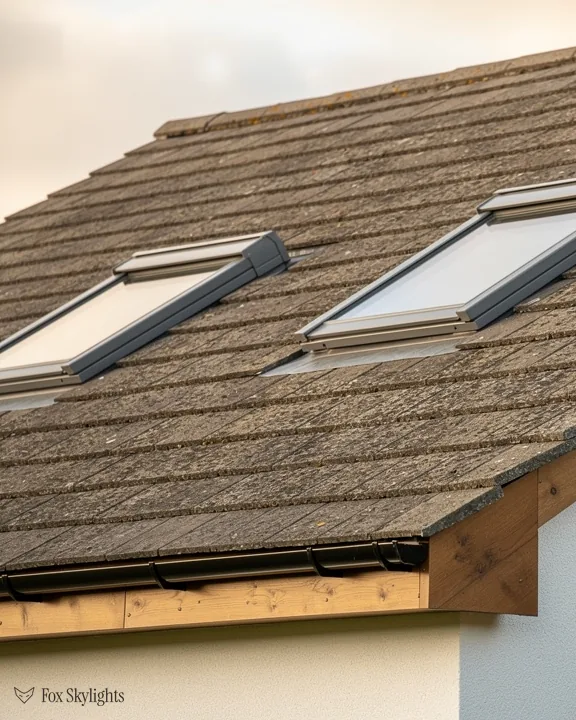 Two roof windows in a weathered concrete tile roof above a white rendered wall