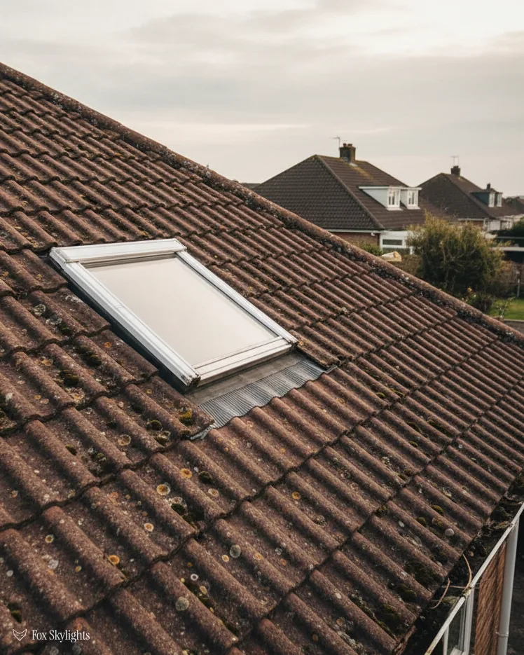 Roof window in a brown concrete tile roof above suburban rooftops