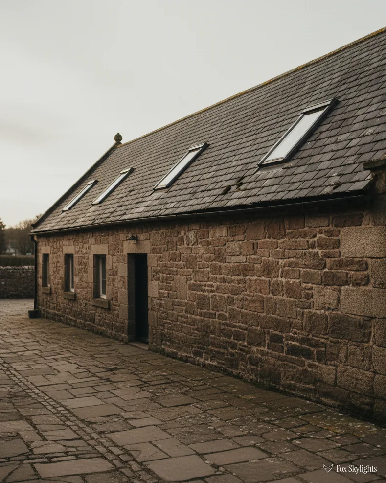 Stone cottage with three roof windows in its slate roof beside a stone yard