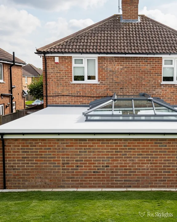 Pyramid roof lantern on a rendered rear extension of a brick detached house