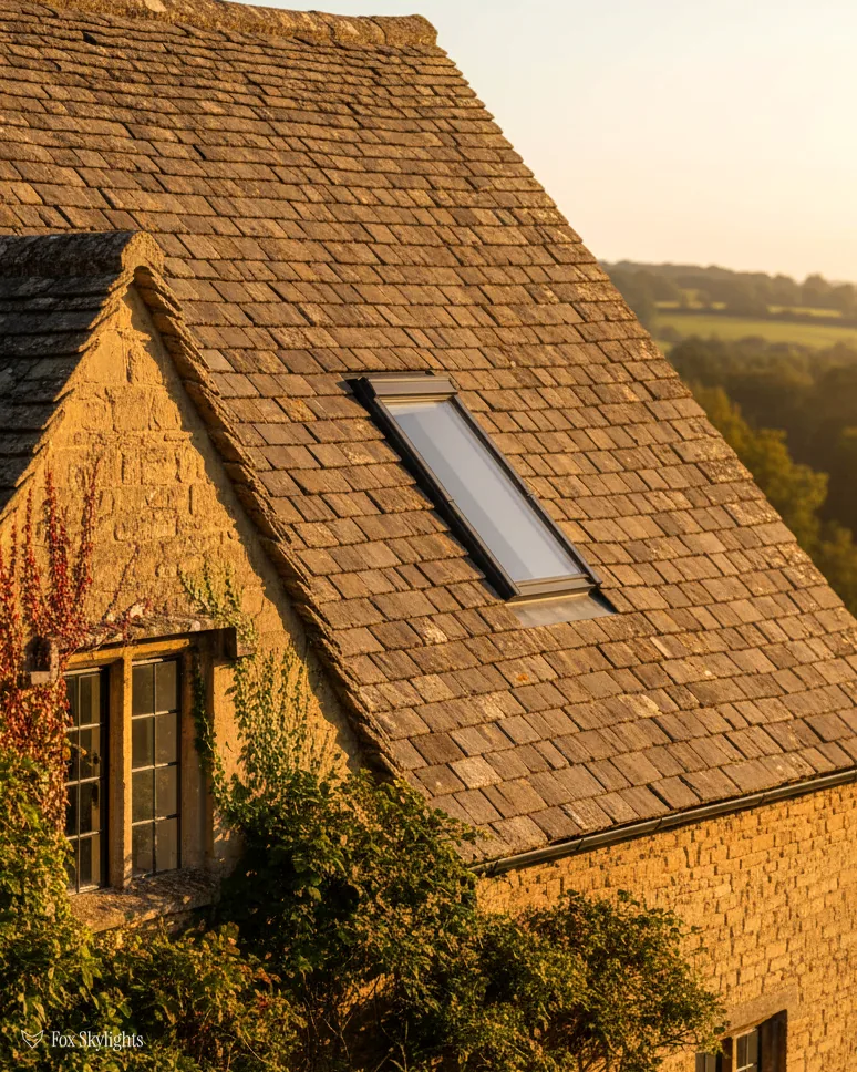 Roof window in the stone slate roof of a honey stone cottage at sunset