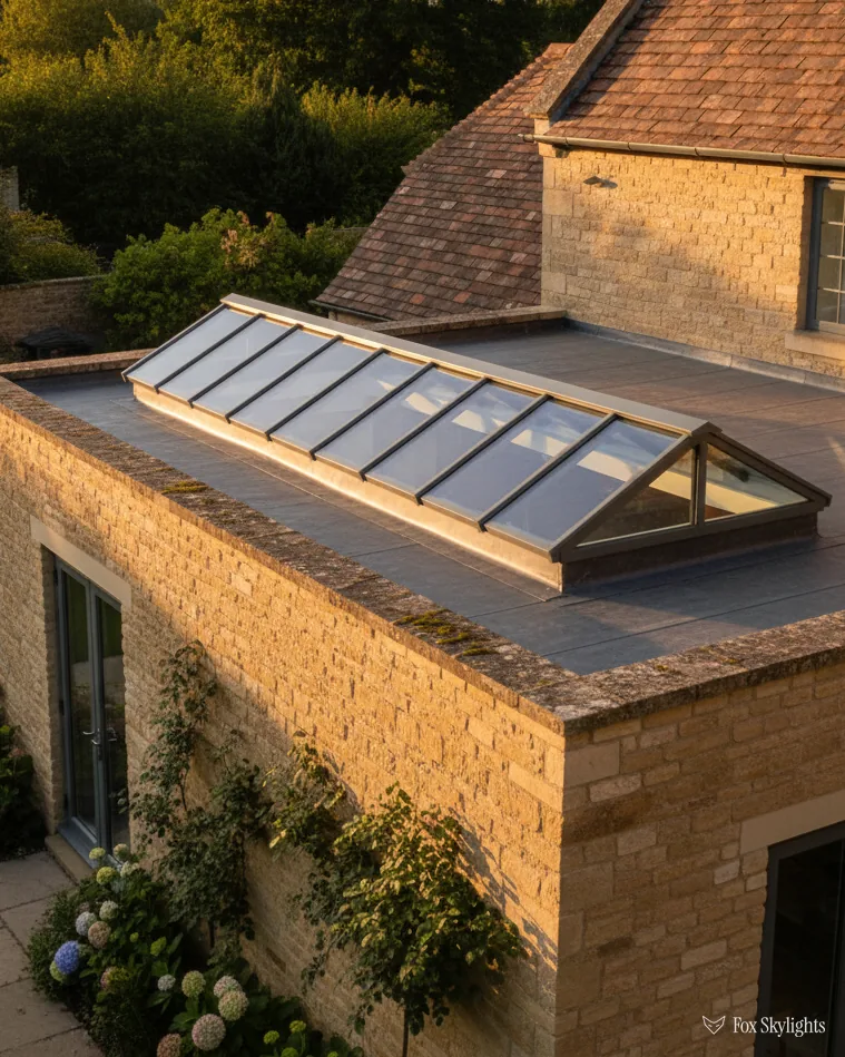 Long glazed rooflight on the flat roof of a buff brick extension at sunset