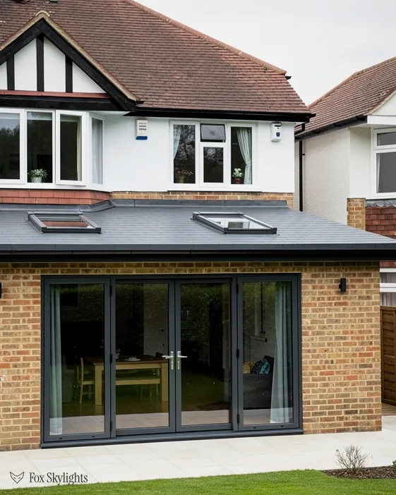 Mock Tudor house with two flat rooflights on a brick extension with bifold doors