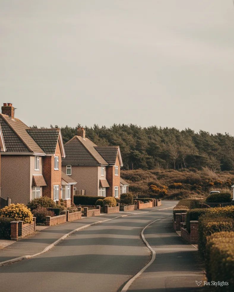 Street of brick semi detached houses leading towards woodland