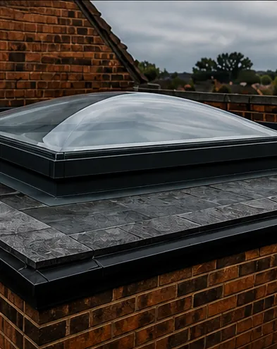 A flat glass rooflight on a raised kerb on a flat roof at dusk, with warm light showing through from the room below